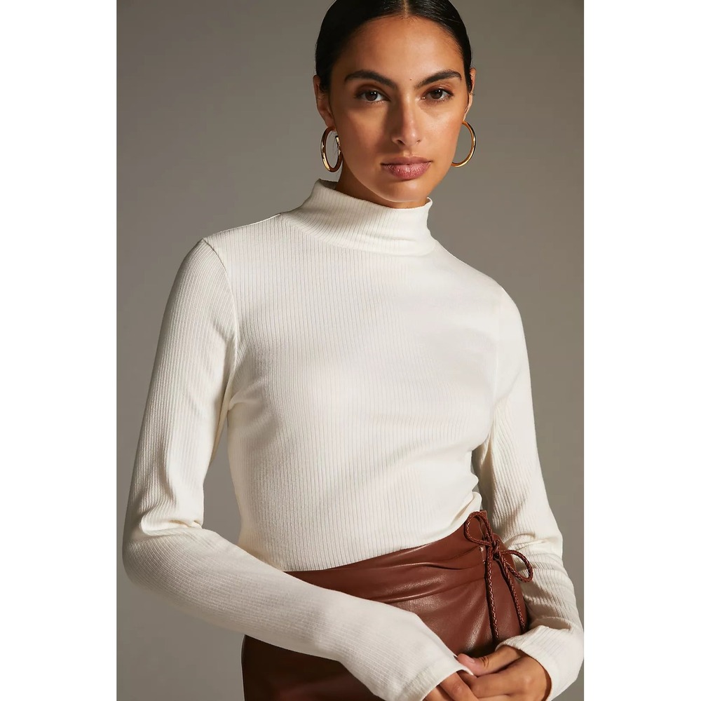 Anthropologie Maeve White Ribbed Turtleneck Sweater NWT Size Medium Cozy Stretch